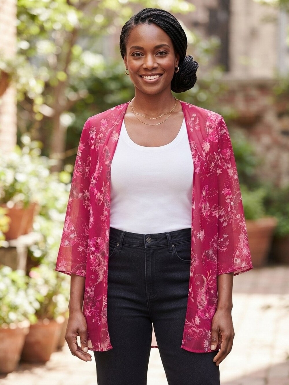 Elisabeth Williams Medium Petite Sheer Floral Kimono - Raspberry